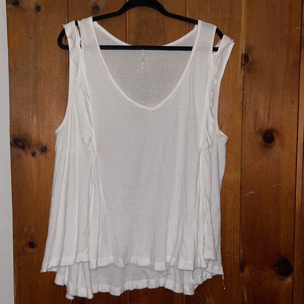 Free people white waffle texture tank with ruffle accent